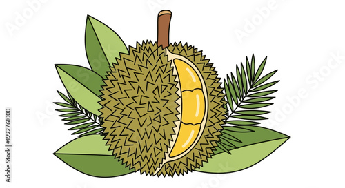 Fresh Durian Fruit with Spiky Skin and Creamy Flesh.