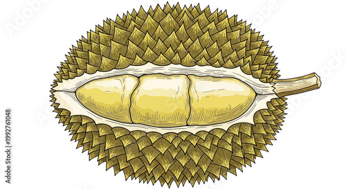 Durian fruit with spiky skin and creamy yellow flesh.