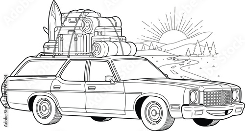 Vintage station wagon loaded with luggage and surfboard ready for an epic cross-country road trip adventure at sunrise.