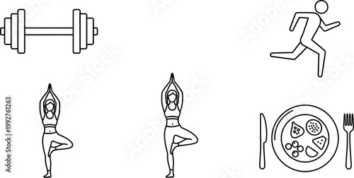 Simple outline icons representing various healthy lifestyle activities like fitness training yoga practice running exercises and balanced nutritious meal choices