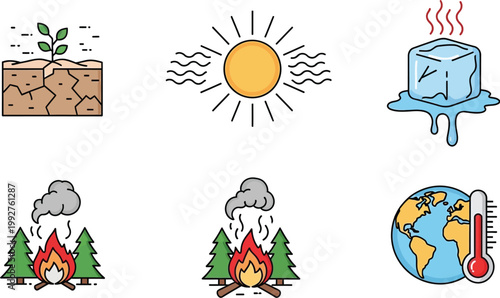 Comprehensive set of outline vector icons depicting severe environmental issues like drought, intense heat, melting ice, wildfires, and global climate change.