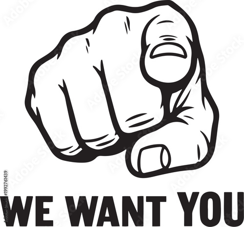 A strong pointing hand illustration with the text we want you below it