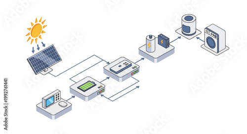 Solar Energy System with Panels, Battery, Inverter, and Appliances.