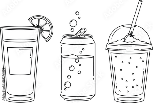 Clean line art illustration featuring a refreshing drink in a tall glass, a fizzy beverage in an open can, and a blended shake in a plastic cup.