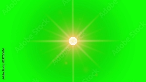 Bright lens flare animation on green screen with glowing star burst and light rays, professional chroma key overlay visual effect for video editing and motion graphics production in ultra HD 4K