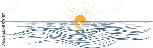 Stylized minimalist illustration captures the serene beauty of a warm sun rising over calm ocean waves with reflections.