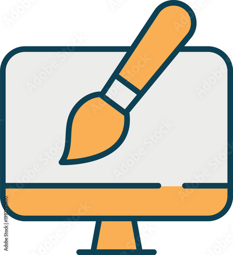 Computer monitor with paintbrush icon representing digital art and web design in a colorful flat vector style.
