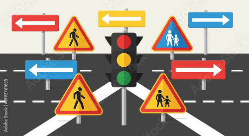 Traffic intersection with various road signs and a traffic light.