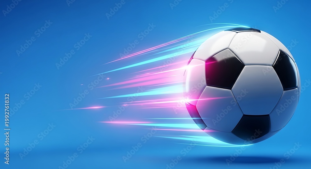 Naklejka premium Dynamic soccer ball in motion with vibrant light trails against a bright blue background, capturing energy and speed in sports