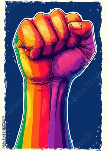 Clenched raised fist painted in rainbow stripes on a dark blue background, bold and defiant, conveying pride, unity and empowerment