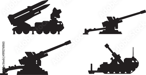 Military robot, robotic vehicle, missile launcher, futuristic tank, black and white vector