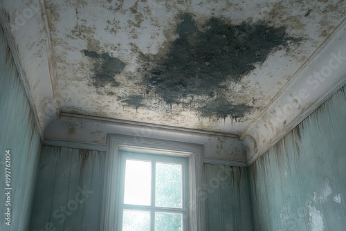 Sunlit decaying room with mold-stained ceiling, peeling pale green walls, damp streaks and a single window evoking a somber neglected atmosphere