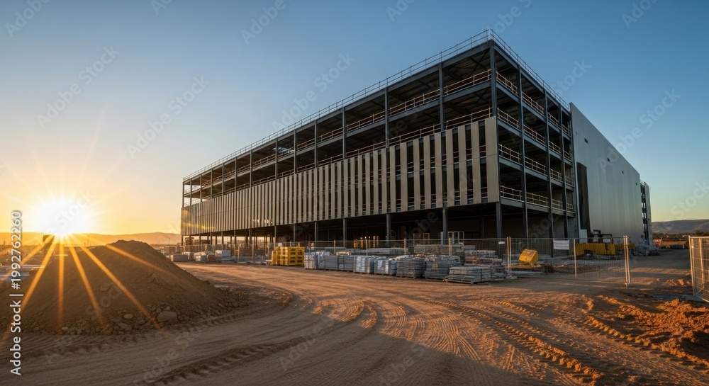 Fototapeta premium Modern construction site development project features a large steel commercial building structure during sunset light for professional architecture and urban real estate industry growth concepts
