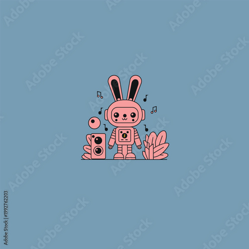 Cute Pink Robot Rabbit Character Listening to Music with Speaker and Musical Notes Flat Style Vector Illustration