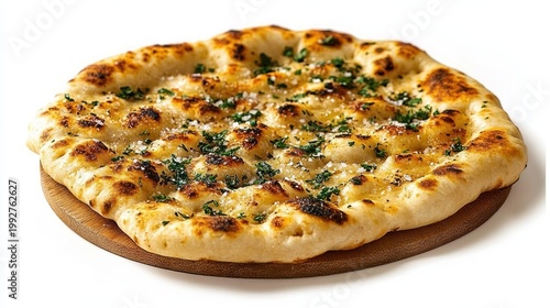Rustic garlic flatbread with charred golden crust sprinkled with parsley and grated cheese on a wooden board, warm and inviting