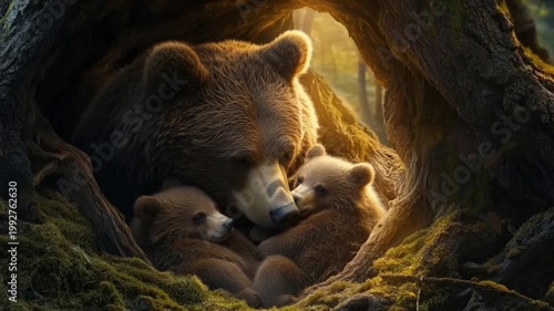 Heartwarming Moment of a Mother Bear Cuddling with Her Cubs in a Cozy Natural Den Captured in the Wild. Perfect for Wildlife Enthusiasts. Generative AI