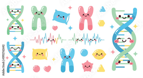 Colorful DNA Strands and Molecular Shapes Illustration.