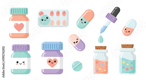 Cute Smiling Medicine Bottles With Faces Collection.