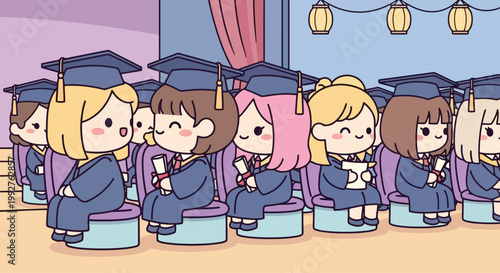 Group Of Cartoon Graduates In Caps And Gowns.