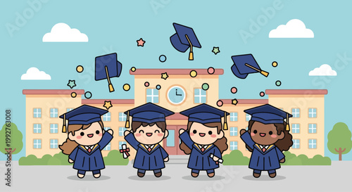 Group of graduates in caps and gowns posing together.