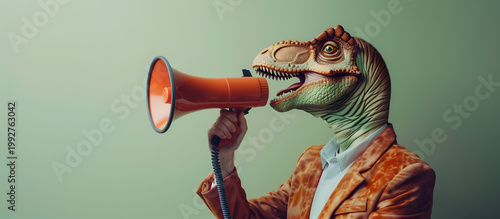 A man wearing a dinosaur mask and a orange suit, holding a megaphone
