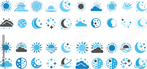 Collection of various celestial and weather icons in blue and grey on white background