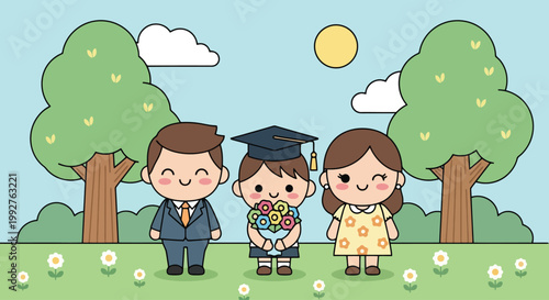 Three Cartoon People Graduation Portrait Centered In Celebration.