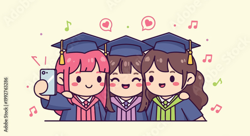 Three Graduates in Caps and Gowns Taking a Selfie.