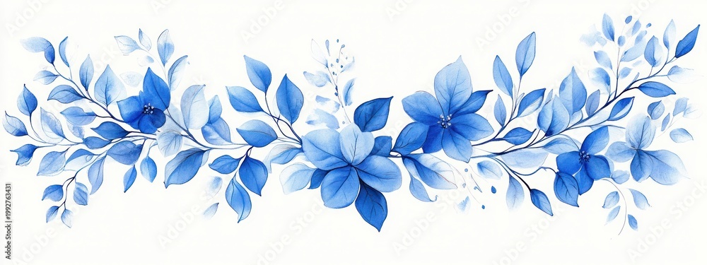 Fototapeta premium Serene blue watercolor floral garland of blossoms and leaves with delicate branches and soft paint splashes