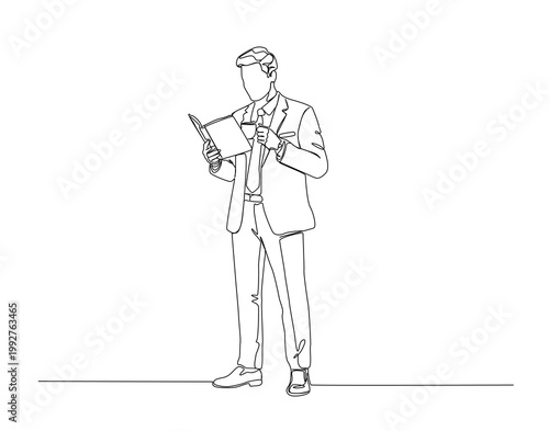 One Line Drawing of Bussy Businessman Enjoy a Cup of Coffe and Reading a book. Businessman illustration.