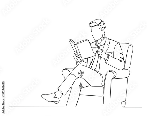 One Line Drawing of Bussy Businessman Sitting in the Armchair and Reading a Book. Businessman illustration.