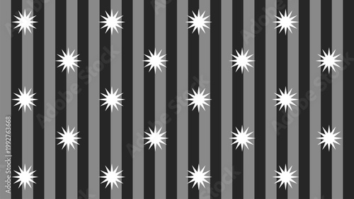 Monochrome seamless pattern with retro stars and vertical stripes, minimalist black and white abstract background for modern design