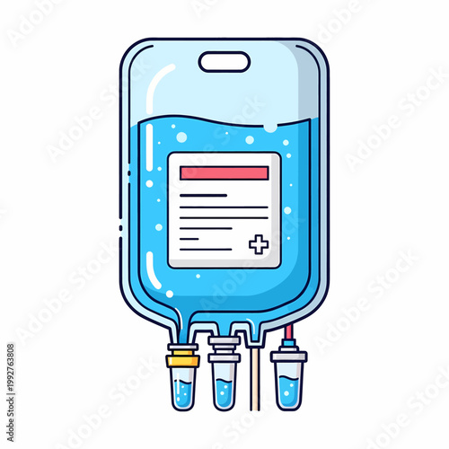 IV bag with blue liquid and medical label illustration in flat design style isolated on white