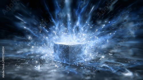 Energy Cube: A striking representation of pure, dynamic energy, the image centers on a glowing cube, its form radiating raw power through luminous light and captivating bursts.