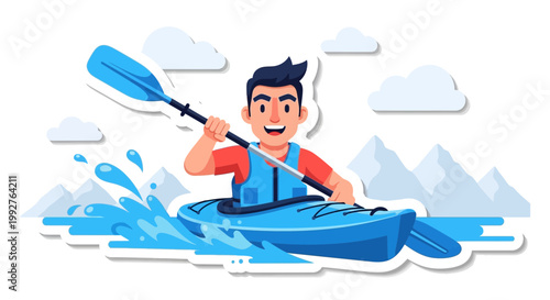 Flat design vector illustration of happy person paddling kayak across water during sunny outdoor lifestyle adventure activity