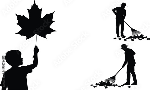 Autumn silhouette vector set featuring a boy holding a large maple leaf and gardeners raking fallen leaves on white background.