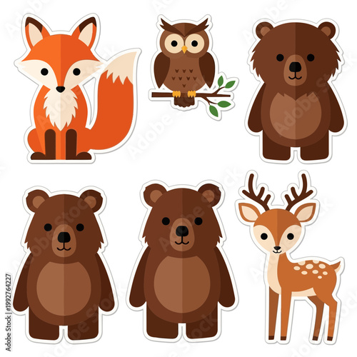 Set of cute forest animal stickers featuring fox owl bear and deer isolated on transparent background for creative design projects and digital art illustration