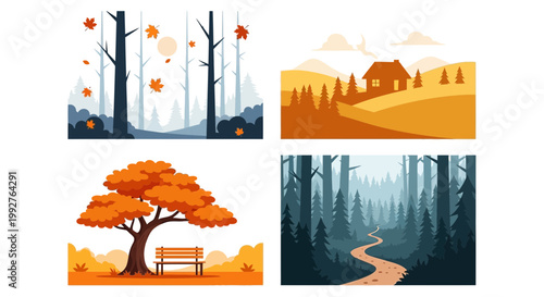 Autumn forest scene with vibrant trees and cozy house illustration perfect for lifestyle marketing design on transparent background