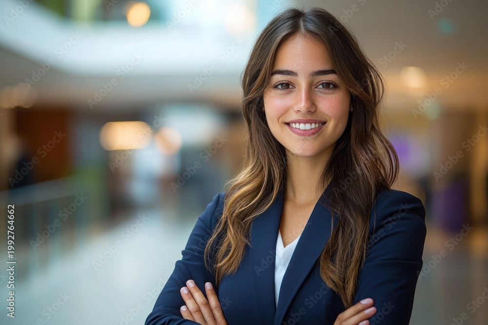 Fototapeta premium Confident professional woman in navy blazer and white blouse standing with crossed arms in a modern indoor lobby, poised and self-assured