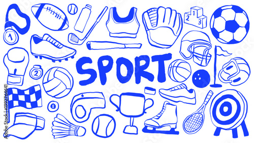 Hand-drawn illustration set of sports equipment and athletic elements in doodle style. Ideal for fitness themes, recreation, active living concepts, sport activities, competition, training, healthy