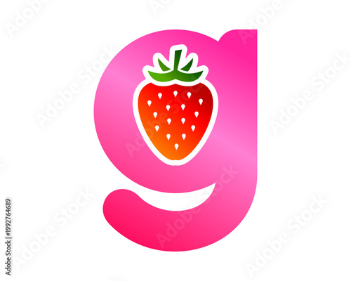 Creative lowercase letter g design incorporating a vibrant red strawberry fruit icon. Modern gradient pink typography for branding, apps, or food-related identity.
