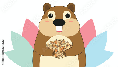 Vector Cute cartoon chipmunk holding a pile of nuts with colorful leaves behind it.