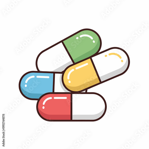 Colorful pile of medical capsules and antibiotic pills in flat vector illustration style