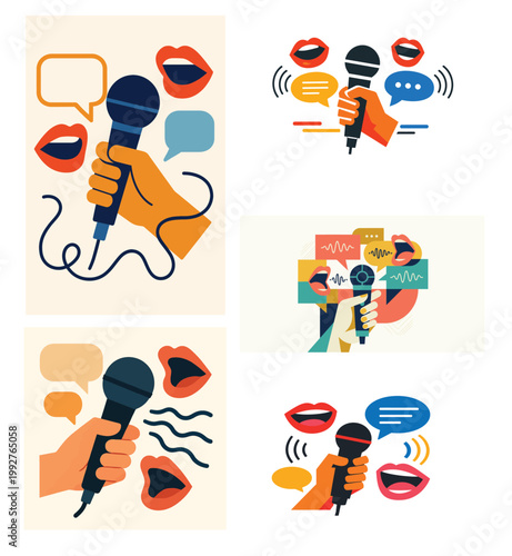 Hand Holding Microphone with Speech Bubble and Open Mouths – Communication Vector Illustration