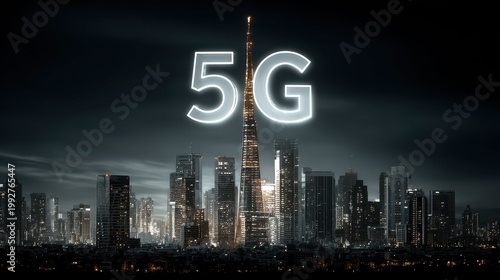 development of the 5G mobile network over a cityscape glowing white neon letters on dark background