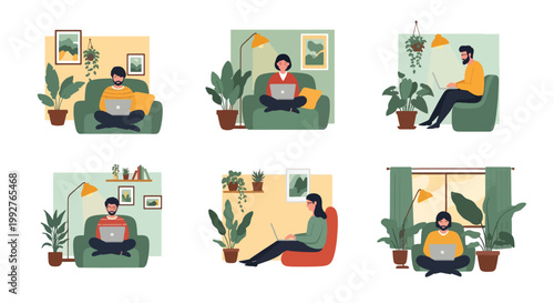 People working and relaxing at home in living rooms with plants and decor