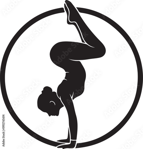 A graceful aerialist performing a handstand within a circular frame silhouette high quality