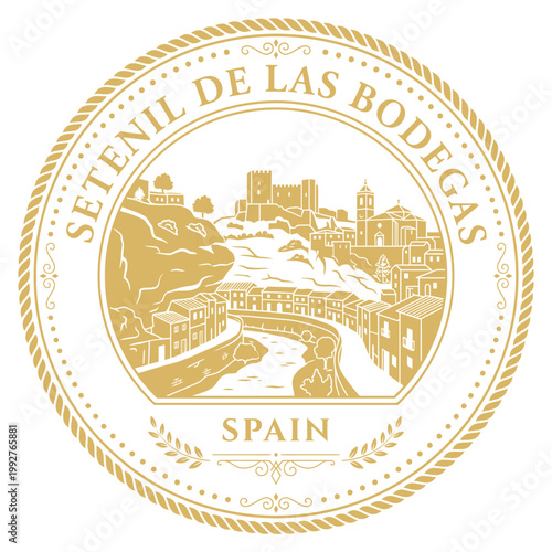 Setenil de las Bodegas Spain travel seal emblem with architectural townscape vector illustration