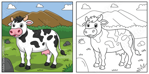 cute cartoon cow, funny illustration, coloring book for kids and children.