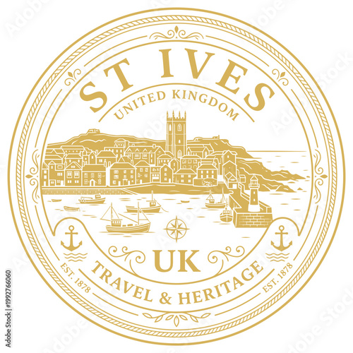 Vintage gold St Ives United Kingdom travel emblem coastal harbor vector illustration